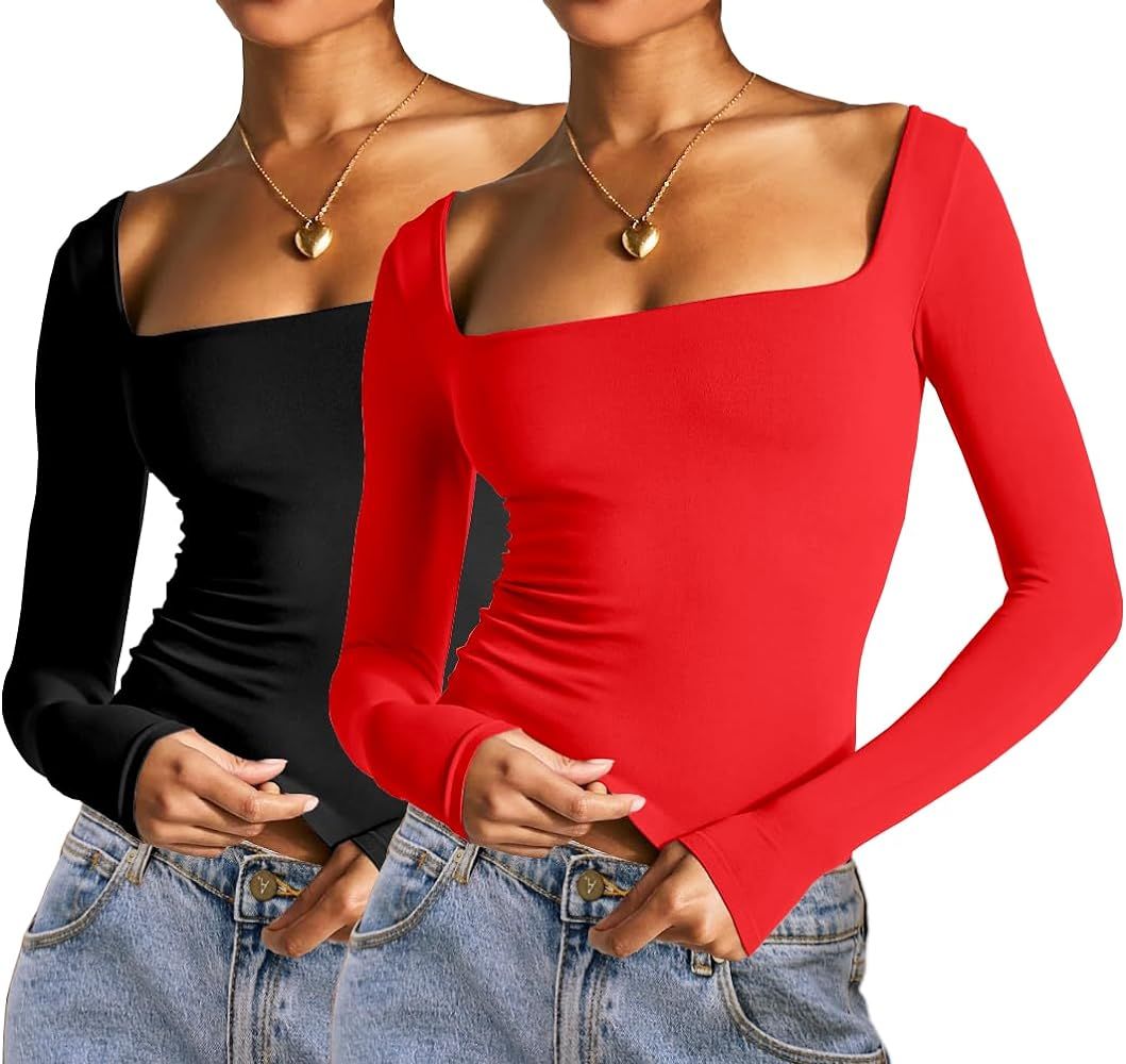 Abardsion 2 Piece Square Neck Tops for Women Slim Fit Double Layer Fall Long Sleeve Crop Top T Sh... | Amazon (US)