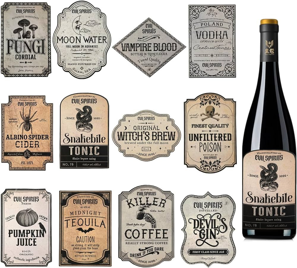 36pcs Halloween Wine Bottle Labels, Waterproof Wine Labels Potion Bottle Labels Stickers Apotheca... | Amazon (US)