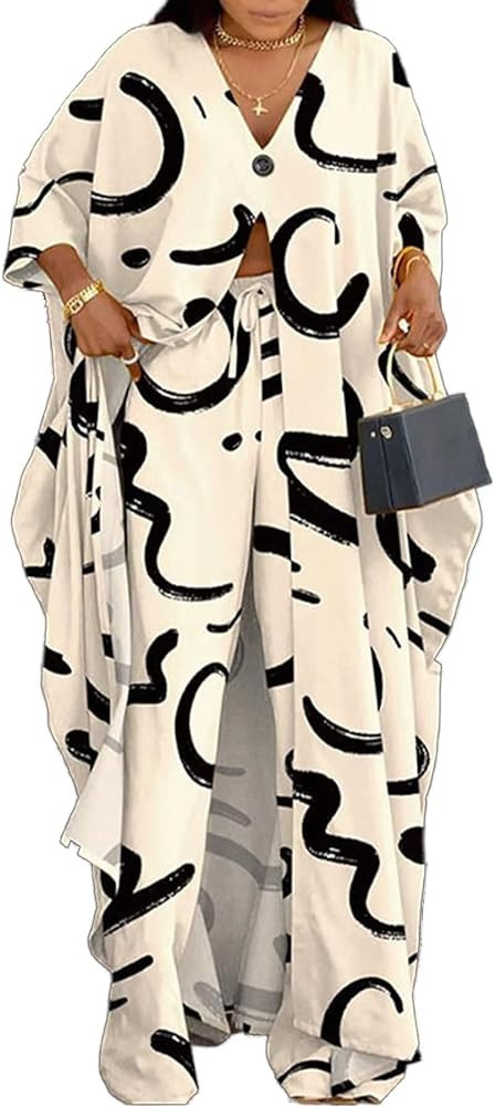 LROSEY Spring African 2 Piece Outfits Caftans for Women Floral V Neck Long Cardigan Cover Up Wide... | Amazon (US)