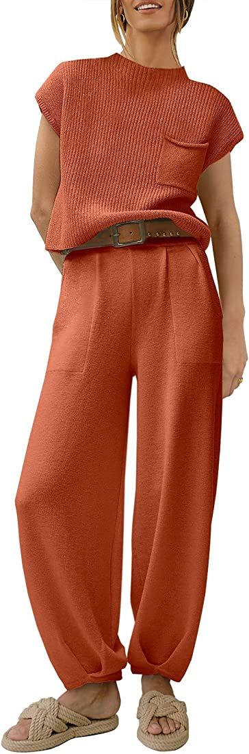 ANRABESS Women's Two Piece Outfits Sweater Sets Knit Pullover Tops and High Waisted Pants Tracksuit  | Amazon (US)
