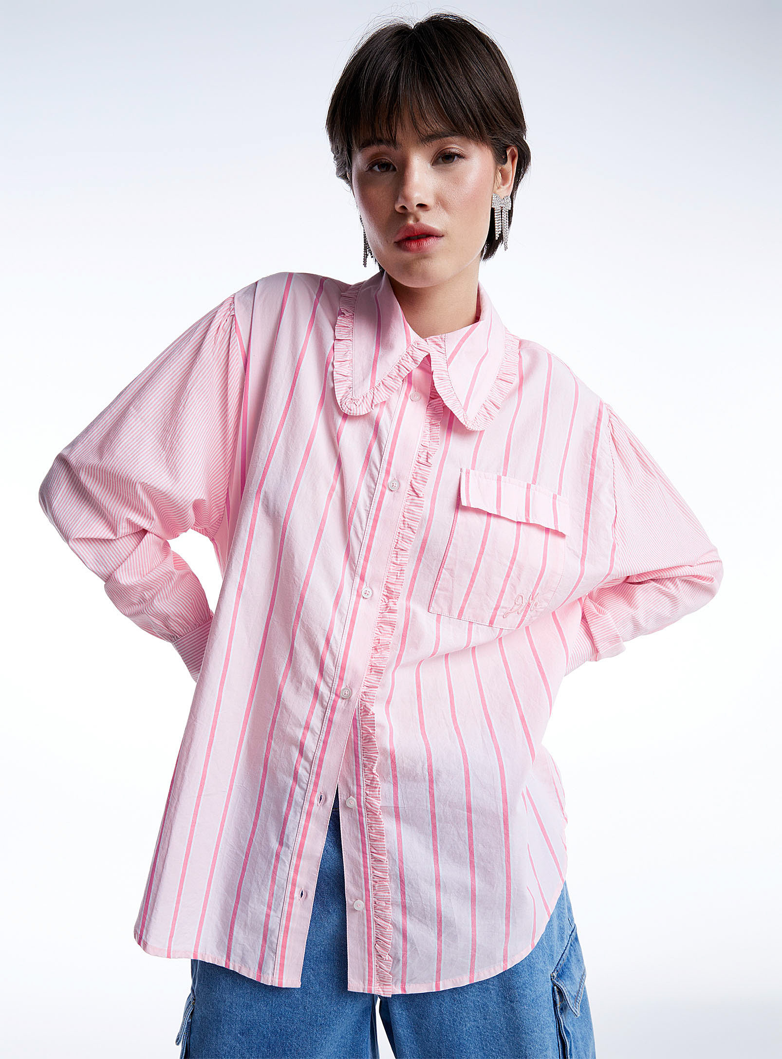 Damson Madder - Striped and ruffled pink shirt (Women, Pink, 12) | Simons