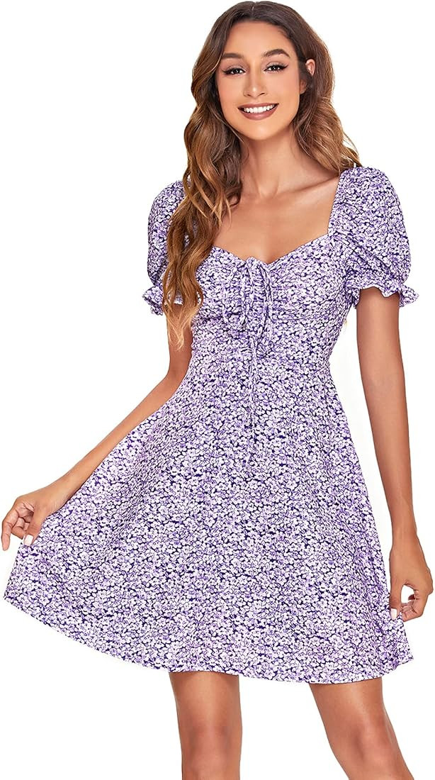 Verdusa Women's Floral Puff Short Sleeve Ruched A Line Dress V Neck Ruffle Mini Short Dresses | Amazon (US)