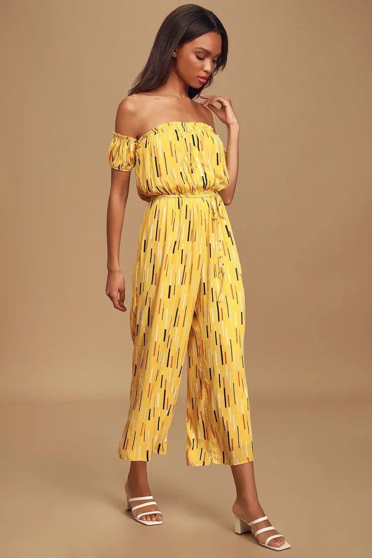 True Radiance Yellow Multi Print Off-the-Shoulder Jumpsuit | Lulus (US)