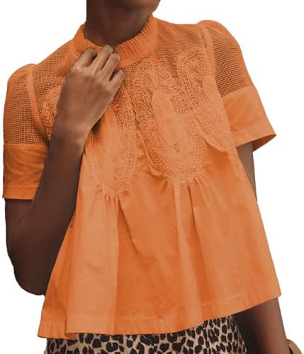 VAOYIU Women Lace-Detail Flared Blouse Short-Sleeve Crew Neck Lace Poplin Mesh Swing Top Elegant ... | Amazon (US)
