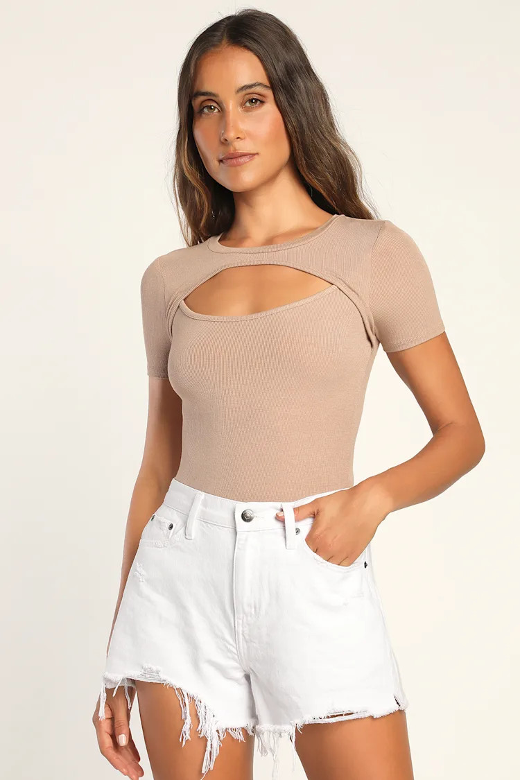 Flirty Little Secret Taupe Ribbed Cutout Short Sleeve Top | Lulus (US)