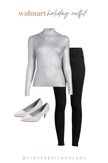 Walmart holiday outfit. This silver sweater and sequin heels will spice up your holiday look. 

#LTKstyletip #LTKHoliday #LTKunder50