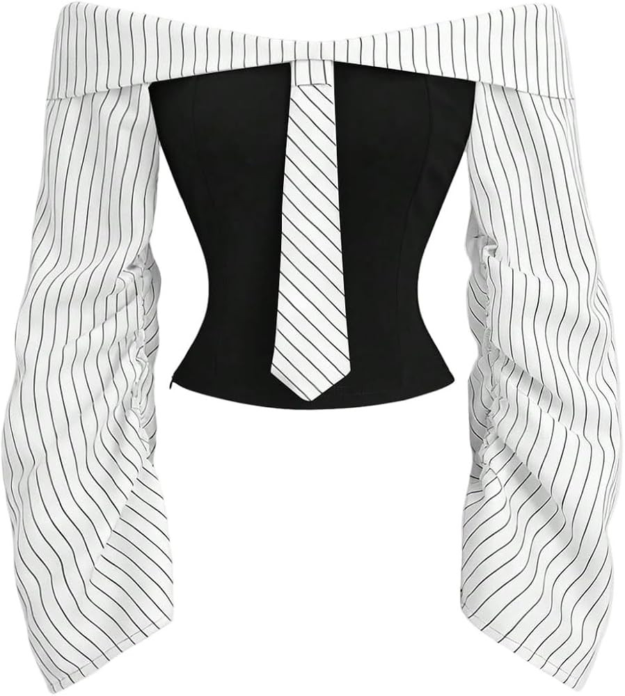 SOLY HUX Women's Off The Shoulder Striped Bow Tie Fitted Long Sleeve Shirts     Party Blouse Top,... | Amazon (US)