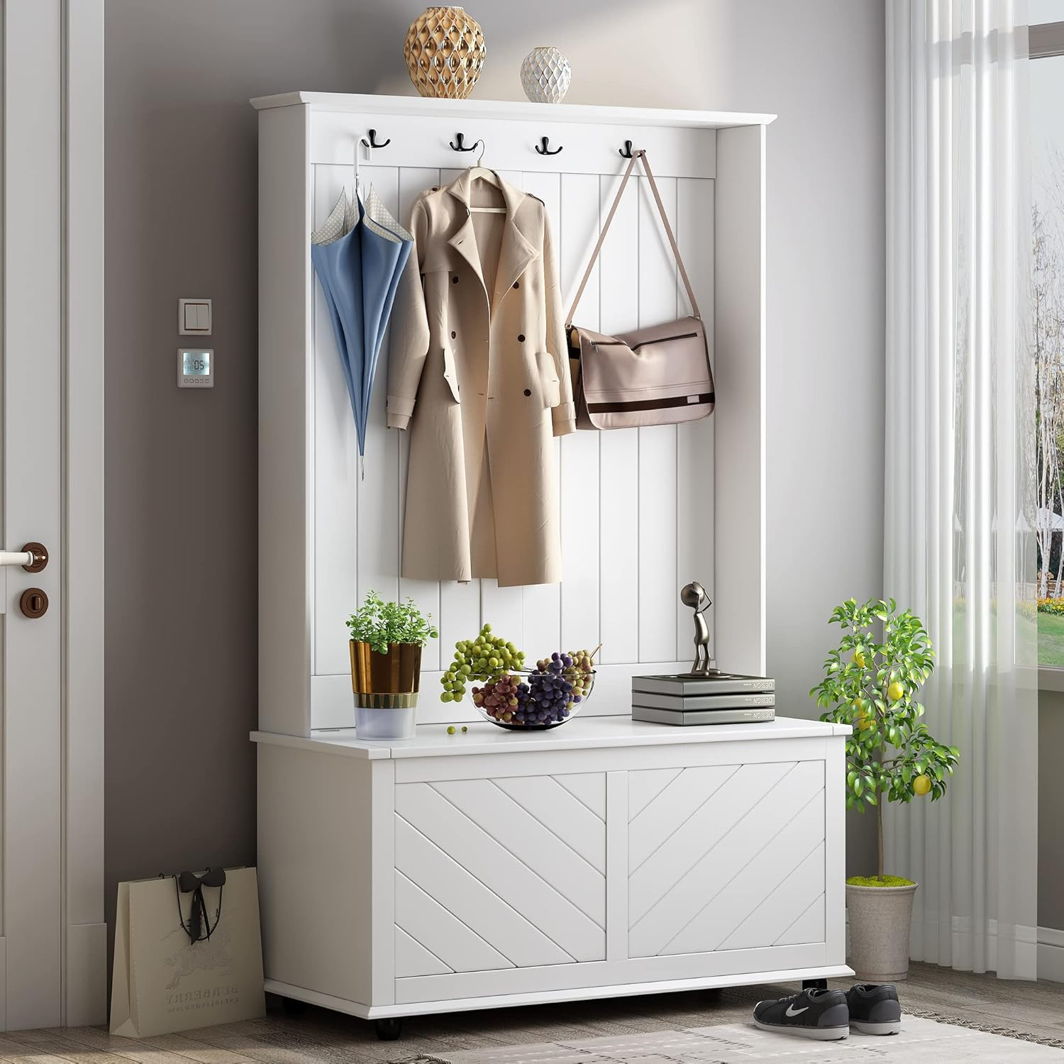 Hall Tree Entryway Bench with Open Storage Shelves for Hallway, 3-in-1 Design Coat Racks w/ 4 Hoo... | Amazon (US)