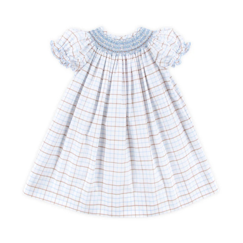 Blue & Tan Plaid Smocked Bishop Dress | Classic Whimsy