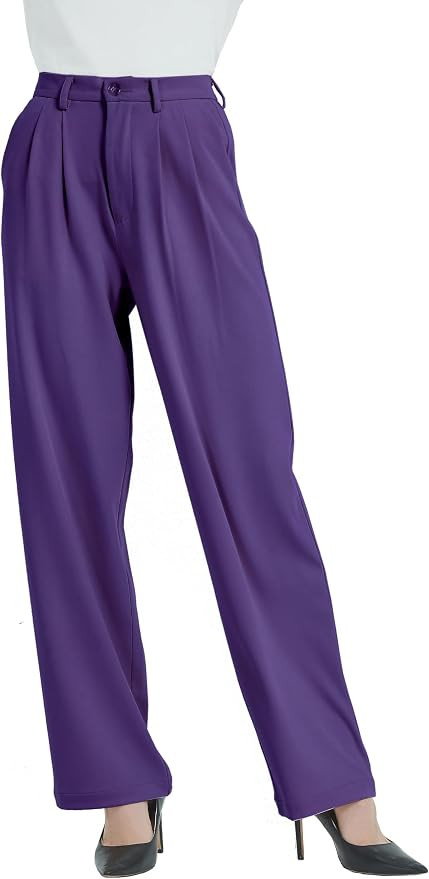 Tronjori Women High Waist Casual Straight Leg Dress Pants Office Work Trousers Suit Pants Back El... | Amazon (US)