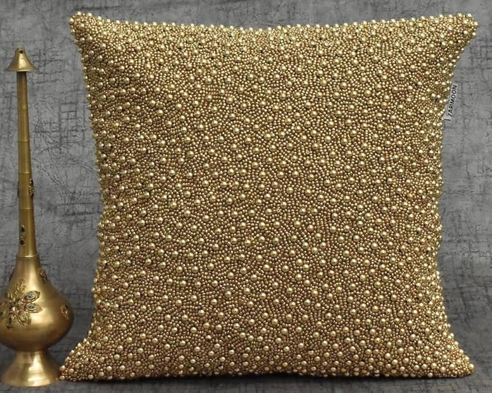 ALL SIZES Gold Beaded Pillow Cover Pearl Handmade Luxury Contemporary Beaded Embroidered Embellis... | Amazon (US)