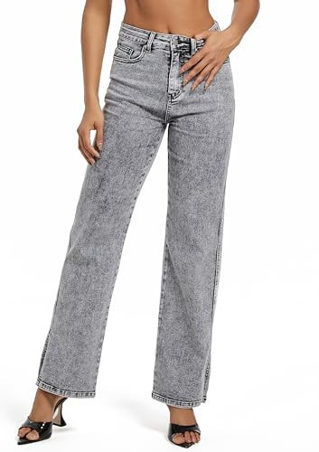 ETTELO Womens Jeans Hig Waisted Straight Leg Loose Stretchy Tummy Control Trendy Side Slit Jeans for Women 2025 Gray | Amazon (US)