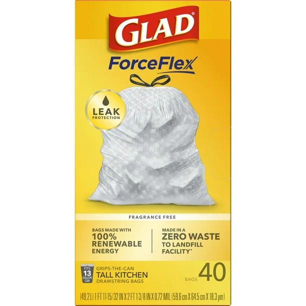 Glad ForceFlex Tall Kitchen Trash Bags, 13 Gallon, 40 Bags (Unscented) - Walmart.com | Walmart (US)