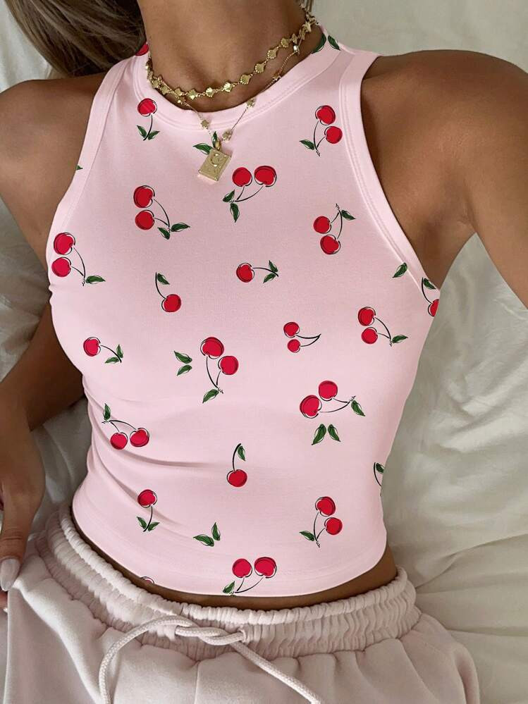 CovetEZ Casual Minimalist Cherry Print Pink Round Neck Form-Fitting Women Tank Top, Suitable For Summer Chic | SHEIN