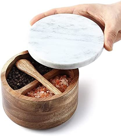 8SOM Acacia Salt and Pepper Box with Marble Lid and Embedded Spoon, Well-sealed Dust Lid, Salt Ce... | Amazon (US)