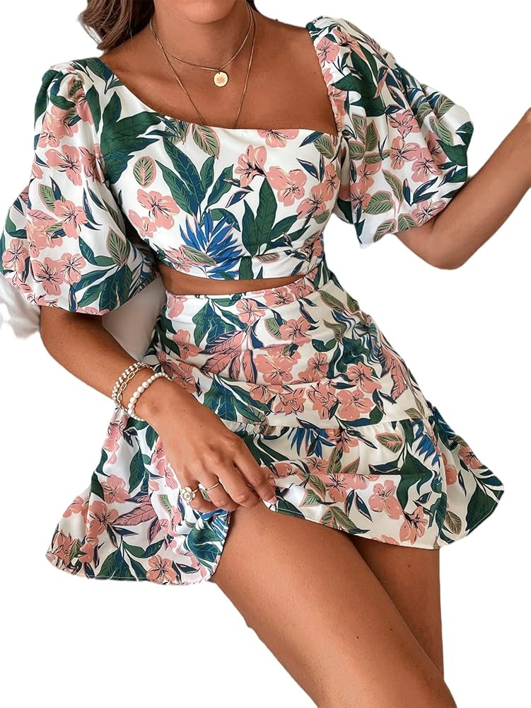 SheIn Women's Floral Print Lantern Sleeve Cut Out Asymmetrical Neck Ruffle Hem Dress | Amazon (US)