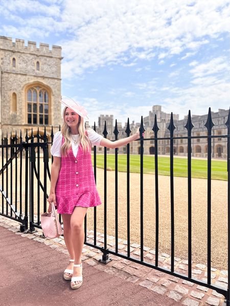 Pink tweed button front jumper dress from Shein. Fascinator. English castle. England. Windsor castle. Gossip girl. 

#LTKtravel