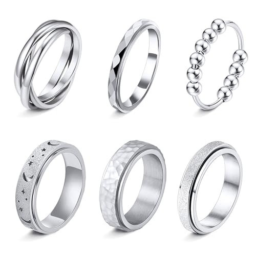 LOFITOR Silver Fidget Rings for Anxiety 6pcs Stainless Steel Spinner Ring Anti Anxiety Ring Spinning Moon Star Cool Stress Relieveing CZ Band Rings Set for Women Men Elegant 10 | Amazon (US)