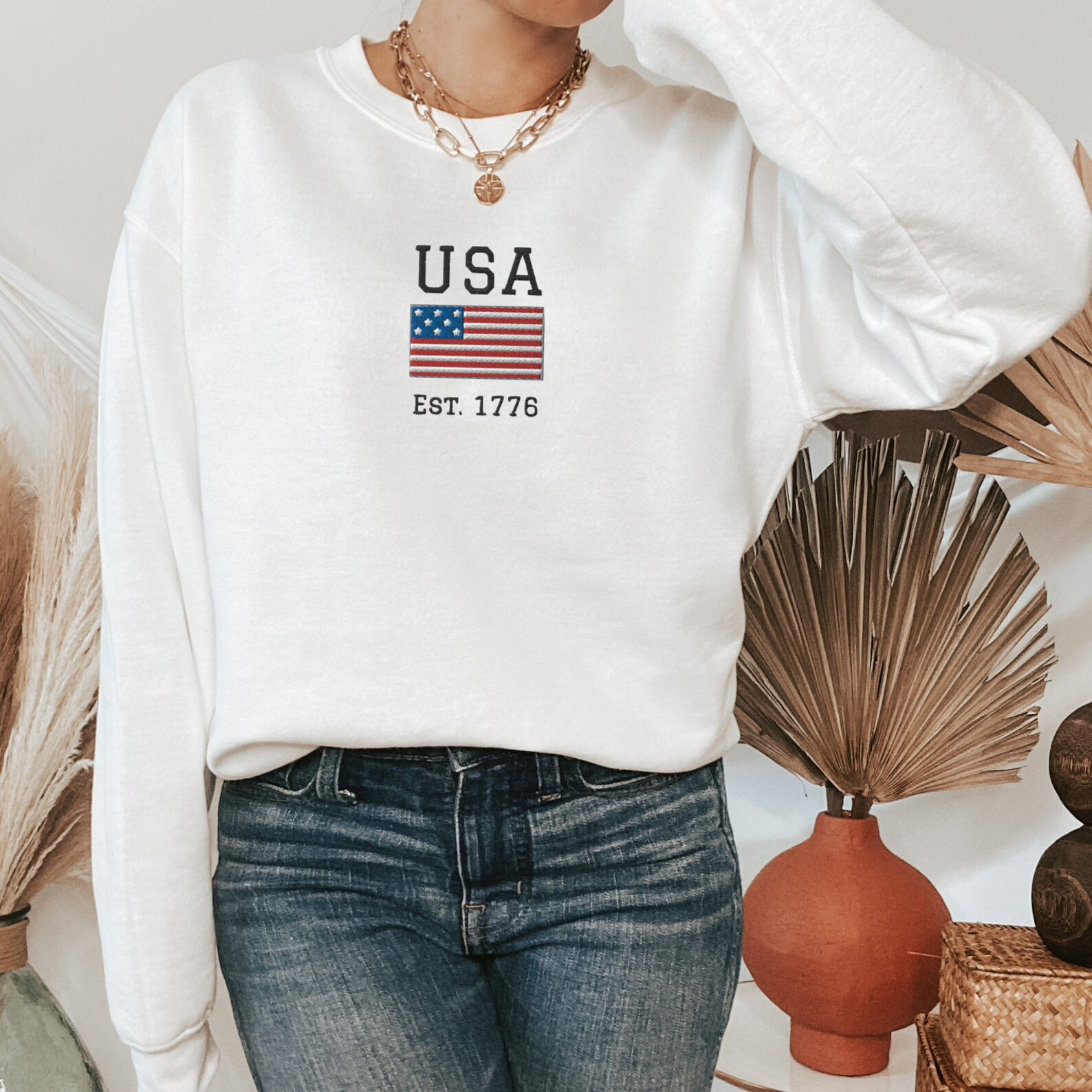 USA Embroidered Crewneck Sweatshirt 4th of July Shirt Women - Etsy | Etsy (US)