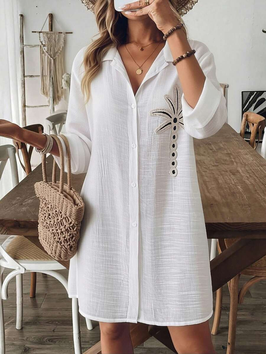 Breezaya Women's White Coconut Tree Button Casual Vacation Beach Kimono Cover Up | SHEIN