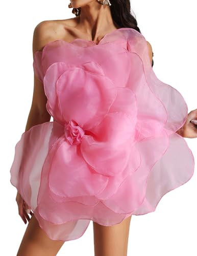 BELLA BARNETT Flower Wedding Guest Dress One Shoulder Cocktail Dress Sexy Mesh Dress Sleeveless Elegant Dress Tube Dress Trendy Prom Dress Party Dress | Amazon (US)