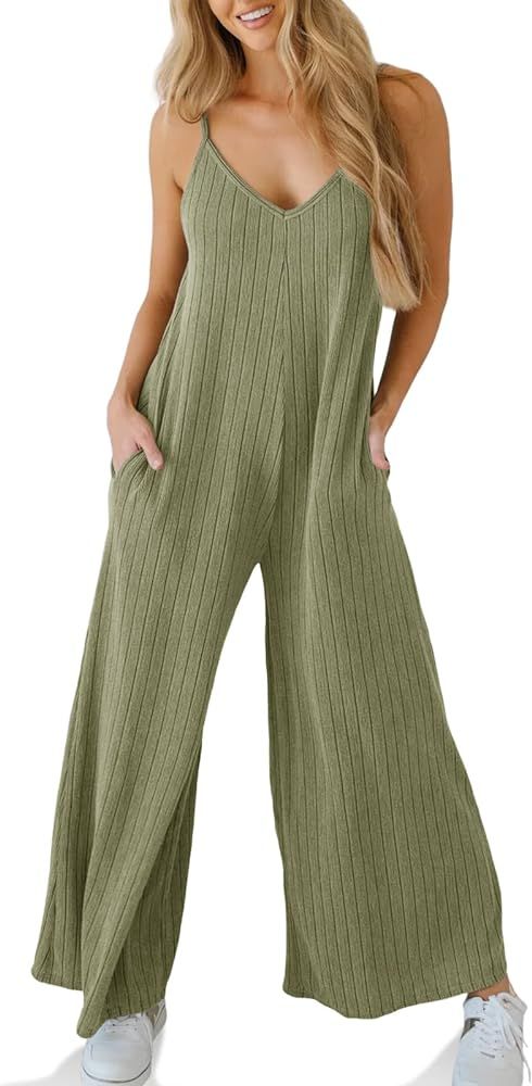 Tongmingyun Womens Casual Summer Jumpsuits Wide Leg Spaghetti Strap Ribbed Overall Jumpsuit with ... | Amazon (US)