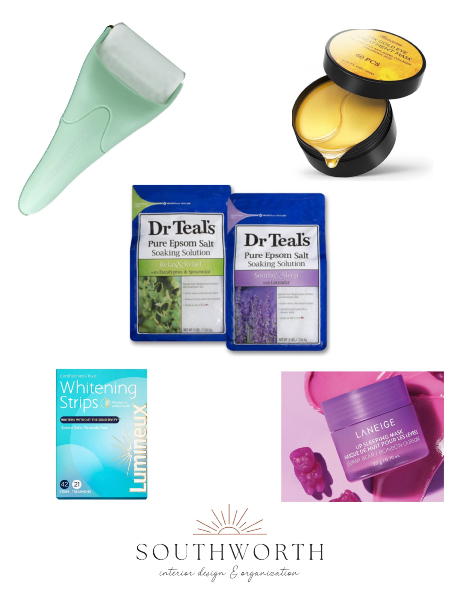Some of our favorite self care products at Southworth Interior Design!

• ice roller to help with face swelling and puffiness 
• anti-aging 24k gold eye patches
• epsom salts for a restorative bath
• natural teeth whitening without the toothaches 
• lip mask for pillowy soft smackers

Special tip: place the eye masks in the refrigerator for a cooling experience 

rise + SHINE ☀️
Southworth Design

#LTKbeauty #LTKMostLoved #LTKstyletip