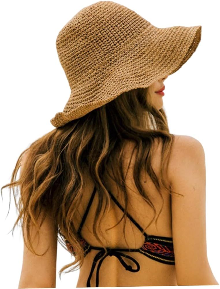 Women Beach Hat Summer Ladies Straw Sun Hat Foldable Wide Brim Straw Hat for Women Summer Hat Kha... | Amazon (US)