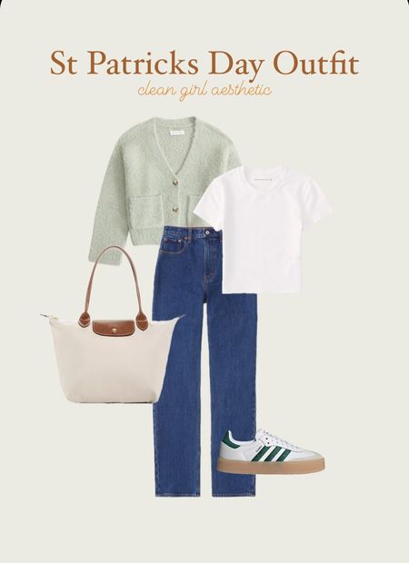 spring outfits, spring outfits 2024, spring outfits amazon, spring fashion, february outfit, casual spring outfits, spring outfit ideas, cute spring outfits, cute casual outfit, date night outfit, date night outfits, belt bag, cream bag, shoulder bag, vacation outfit, resort outfit, spring outfit, resort wear, purse, tote bag, longchamp tote, cream sneakers, white sneakers, adidas sneakers, adidas gazelle sneakers, clean girl, green cardigan, abercrombie sweater, abercrombie cardigan, white t shirt, white baby tee, abercrombie jeans, high waisted jeans, dark wash jeans, st patricks day outfitt