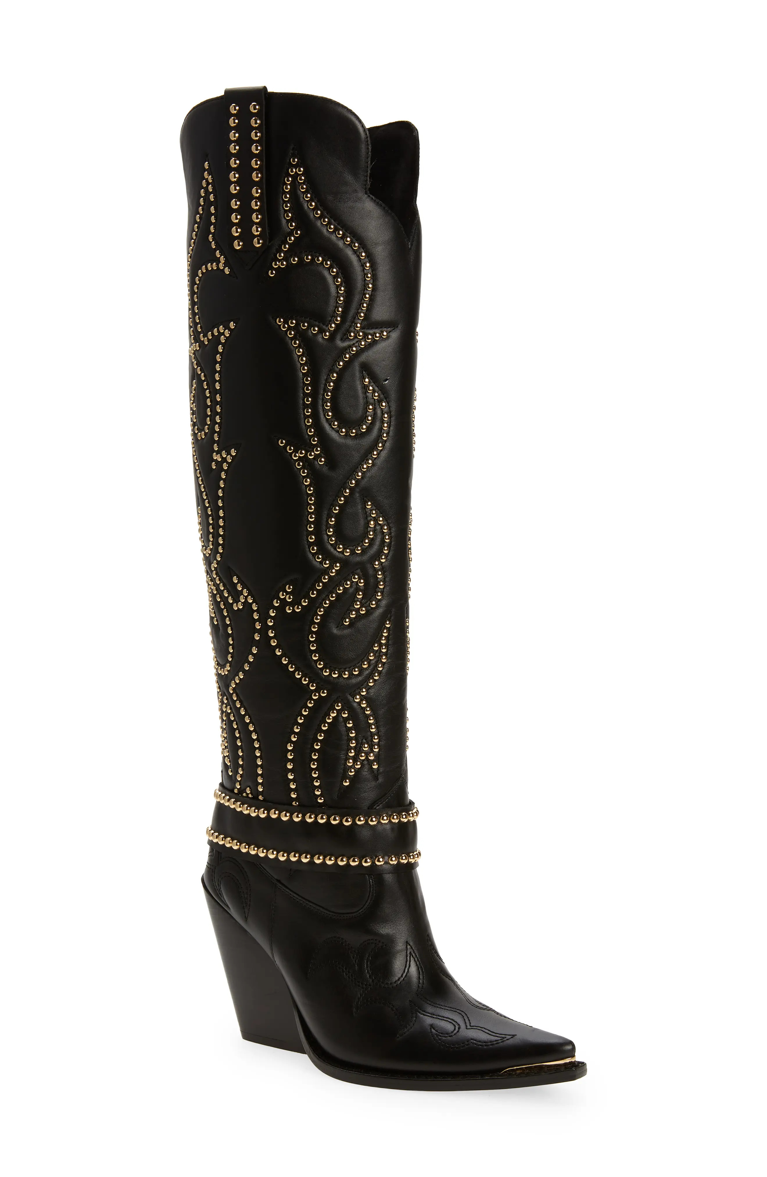 Jeffrey Campbell Amigos Studded Western Over the Knee Boot, Size 9.5 in Black Gold at Nordstrom | Nordstrom