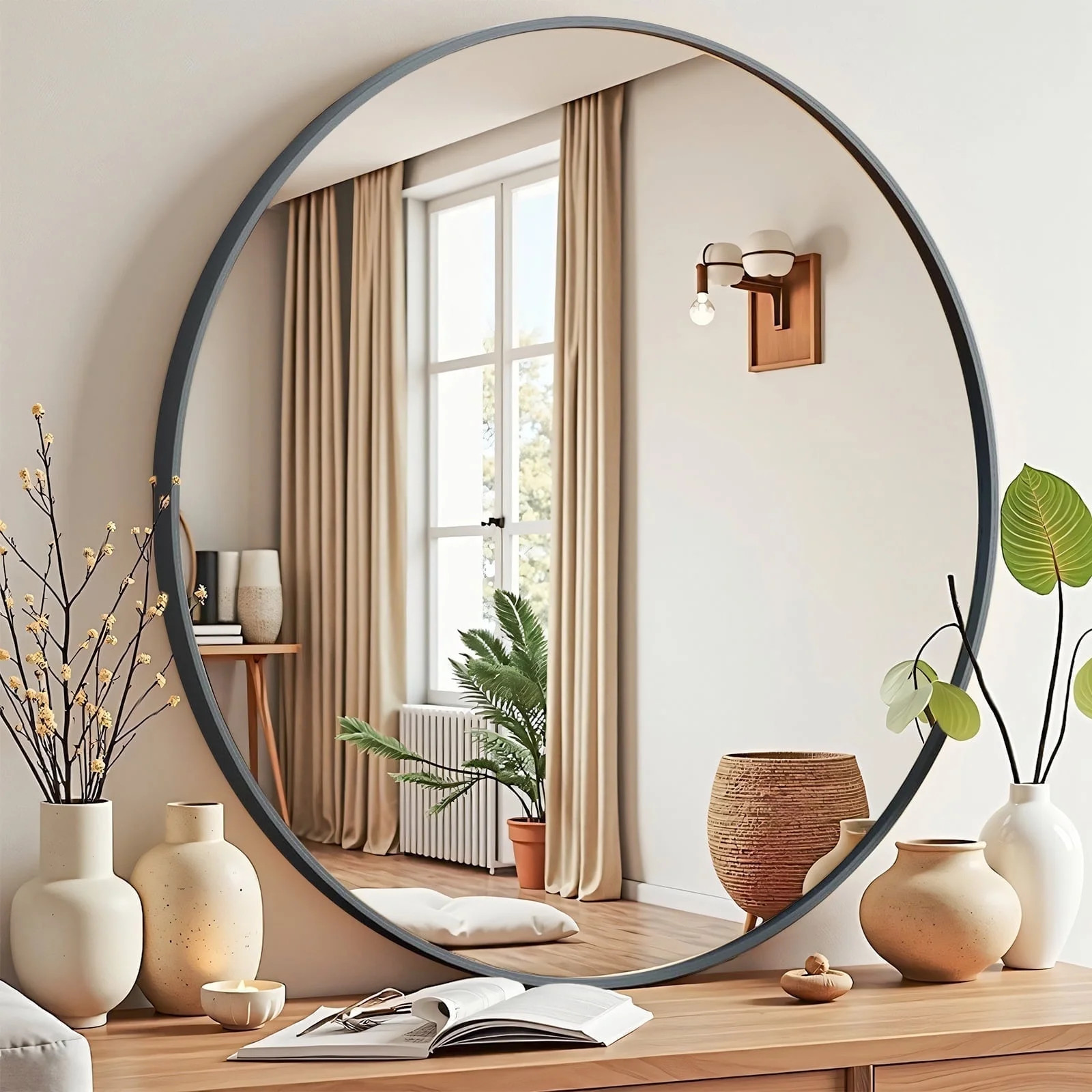 Blorly Wall Mirror, 24 inch Round Circle Vanity Mirror for Living Room, Bedroom, Rustic, Black Me... | Walmart (US)