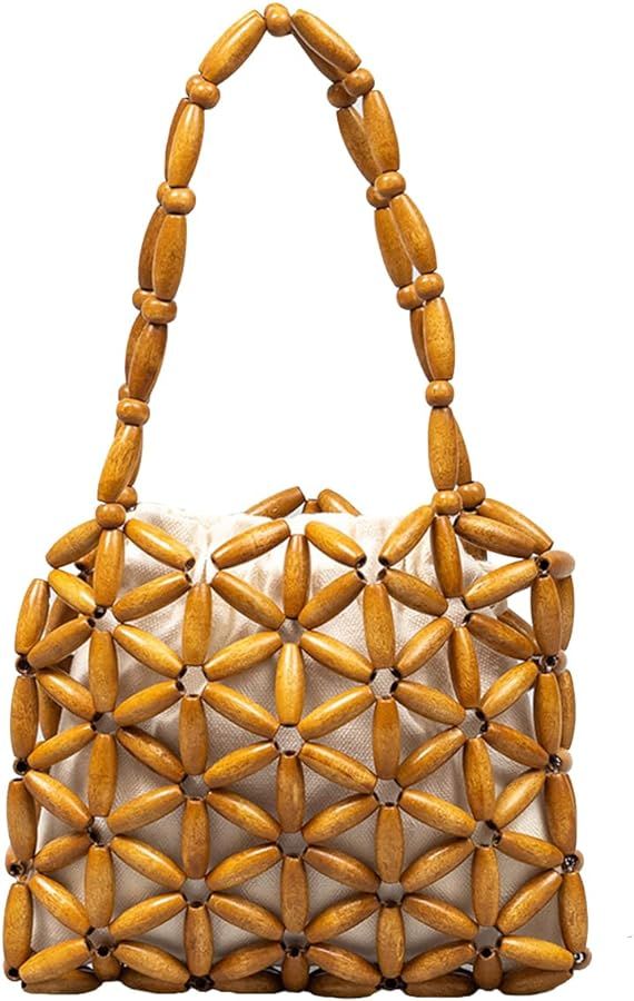 KLYILOGV Women Handmade Small Woven Handbag Woven Bag Wooden Bead Bag (Coffee) | Amazon (US)