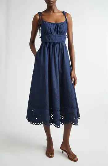 Zimmermann Mohan Broderie Anglaise Trim Denim Midi Dress | Nordstrom | Nordstrom