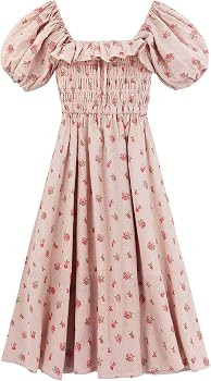 Amazon.com: R.Vivimos Womens Summer Floral Print Puff Sleeves Vintage Ruffles Midi Dress (XL, Pin... | Amazon (US)
