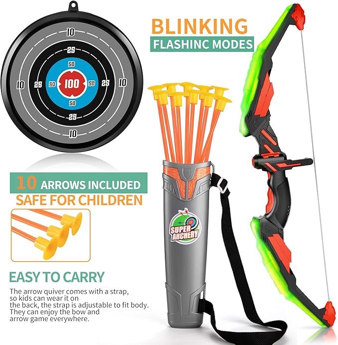 TEMI Kids Bow and Arrow Set - LED Light Up Archery Toy Set with 10 Suction Cup Arrows, Target & Q... | Amazon (US)