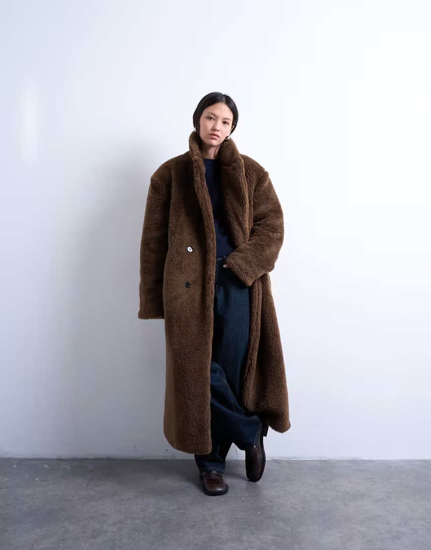Topshop double breasted borg longline coat in brown | ASOS (Global)