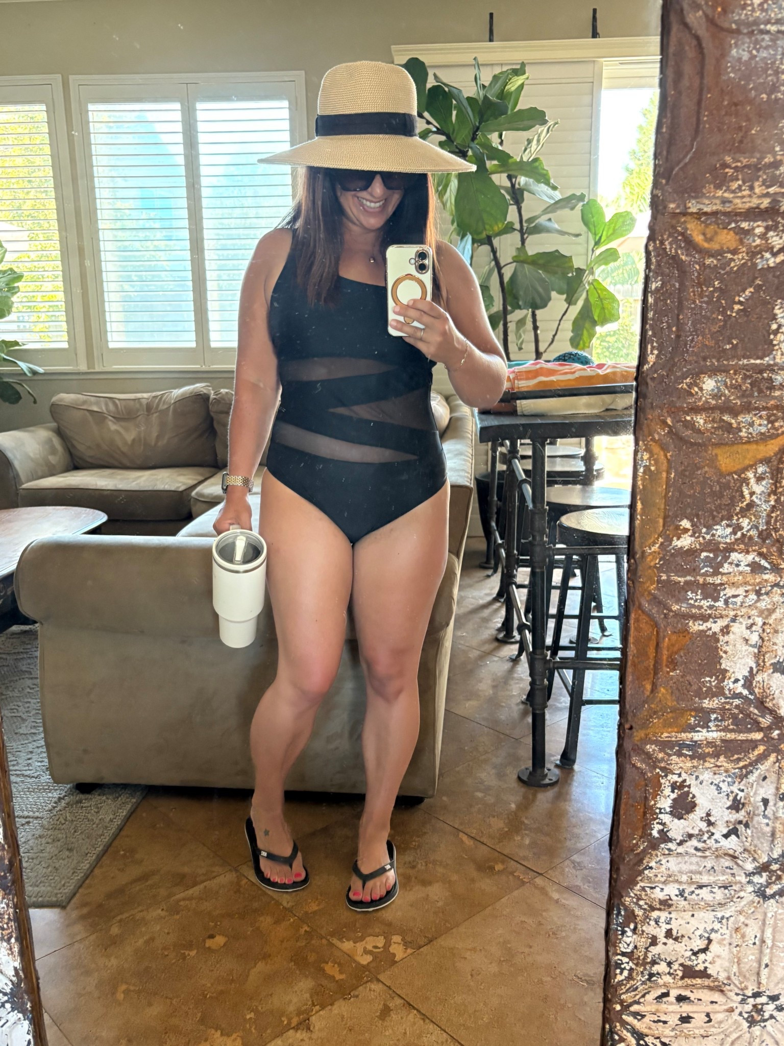 I forgot I had this fun classic one piece swimsuit with mesh cutouts. I like the coverage and that one of the straps is removable. I’m 5’2” 34D and wearing a medium for reference. 