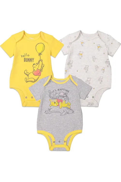 Disney Winnie the Pooh 3-Pack Short Sleeve Bodysuits in Yellow Grey Pooh at Nordstrom, Size Newborn | Nordstrom