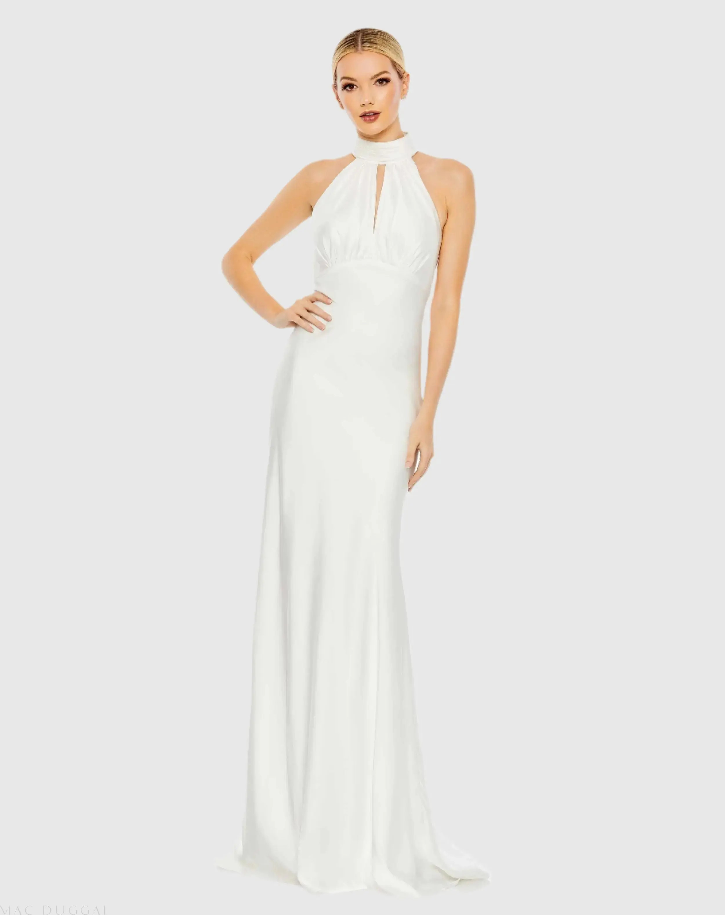 White Keyhole Halter Empire Waist Gown - Mac Duggal | Mac Duggal