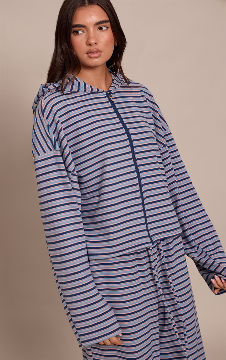 Navy Striped Soft Fleece Zip Up Hoodie | PrettyLittleThing UK
