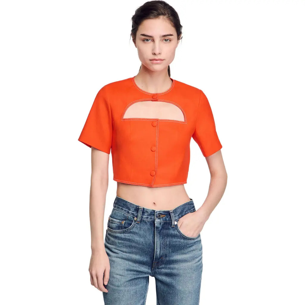 SANDRO Crop top with cutout design in Orange at Nordstrom, Size Large | Nordstrom