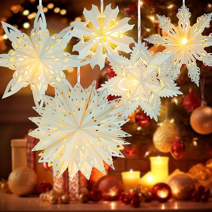 5 Pack Christmas Paper Snowflake Lanterns, Christmas Paper Star Lantern with LED Light White Hang... | Amazon (US)