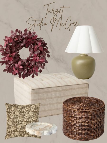Target and Studio McGee new releases, green lamp, rattan ottoman with storage, fall wreath, tufted cocktail ottoman, marble candle tray, 

#LTKHome #LTKStyleTip #LTKSaleAlert