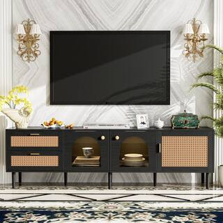 Seafuloy 70.8 in. Black TV Stand Fits TVs up to 80 in. LED Light Entertainment Center with 2 Draw... | The Home Depot