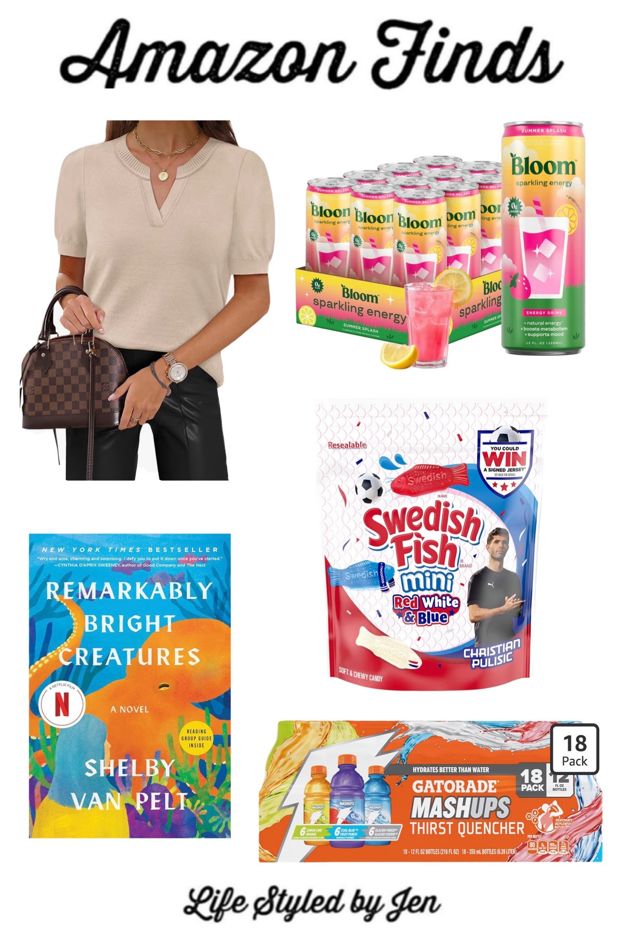 Time for this week’s Amazon Finds - five items from Amazon that are definitely worth checking out! 🎉

✔️ WIHOLL Women’s Short Sleeve Blouse - this currently tops Amazon’s list of apparel new releases, so it’s definitely worth sharing! Such a lightweight, comfy top that comes in a large variety of solid and pattern options for under $20!

✔️ Remarkably Bright Creatures - not a new book, but now that Netflix created an adaptation of this staring Sally Field, it is back on Amazon’s best seller book list! I absolutely loved this book, and highly recommend if you haven’t read yet. 📖 Such a fun premise that is so touching! 

✔️ Sunset Splash Bloom Energy Drink - this new flavor is fantastic!! Best pricing if you order a 12 pack, and it’s going super fast. Has such a great flavor that tastes like Summer in a can ☀️ 

✔️ Red, White & Blue Swedish Fish - so glad these are back this year, as they’re one of my favorite candies! The red, white & blue colors are so fun for the upcoming holidays as well - kids and adults alike enjoy these, and I’ve seen them used a variety of ways for festive treats 🇺🇸 

✔️ Gatorade Mashups Multipack - so popular with kids since launching, and a super hard multipack to find! Great price available right now on this as well - perfect time to stock up 💦 

#amazon #amazonfinds

#LTKSeasonal #LTKActive #LTKstorytime