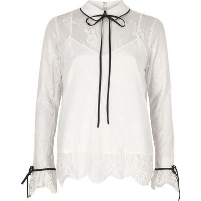 River Island Womens White lace frill tie neck blouse | River Island (US)