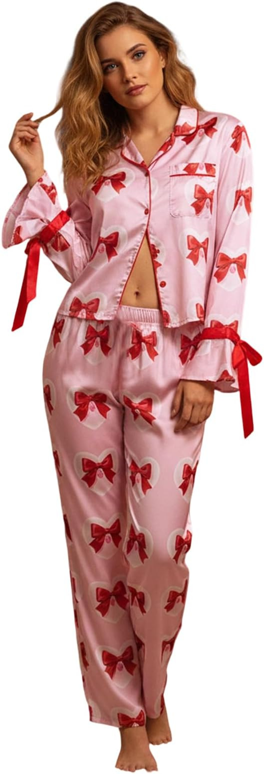 Valentines Day Pajamas Sets Women Cute Pink Heart Print Pjs Sets Shirt Top Pants 2 Piece Sets Sle... | Amazon (US)