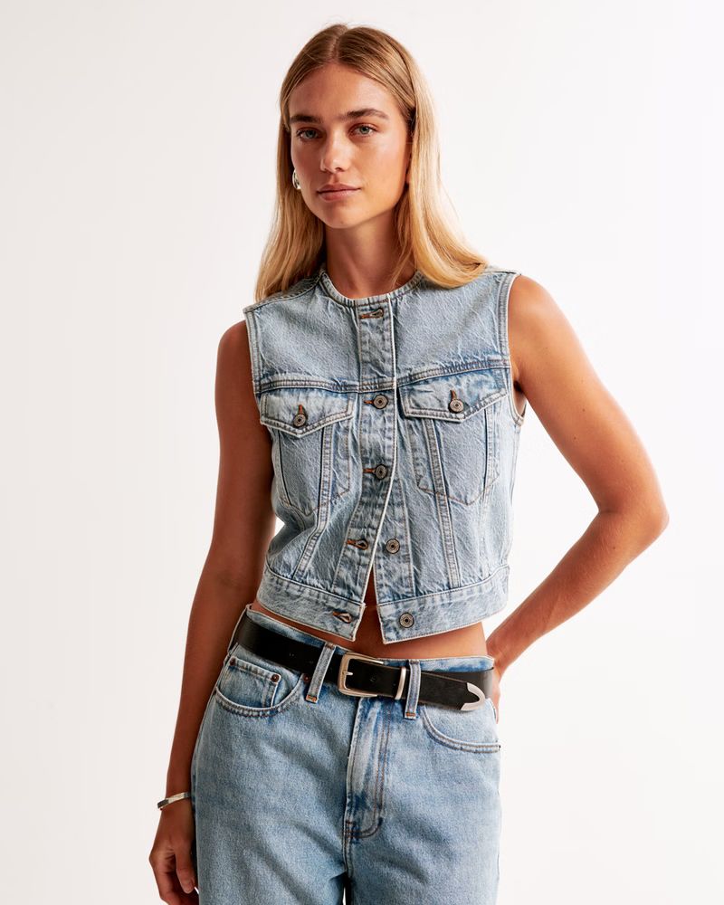 Women's Collarless Denim Vest | Women's New Arrivals | Abercrombie.com | Abercrombie & Fitch (US)