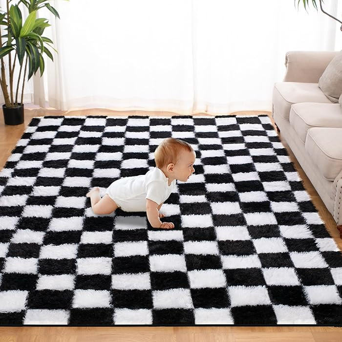 Super Soft Rug for Bedroom, 5x8 Ft Black and White Area Rug Classic Checkered Shaggy Anti-Skid Hi... | Amazon (US)