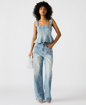 Steve Madden Women's Embellished Denim Fiorella Peplum Top & Fianna Barrel-Leg Jeans - Macy's | Macy's